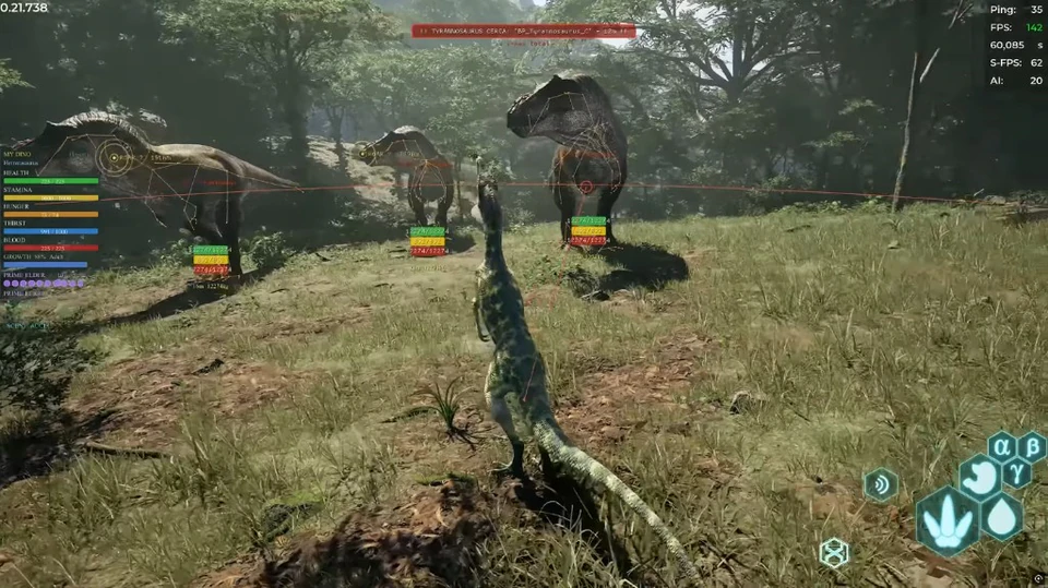 The Isle bite assist and skeleton ESP targeting Tyrannosaurus Rexes with health bars and aim reticle in a forest