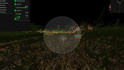The Isle chams-style ESP highlighting dinosaurs and AI with weight and growth readouts at night